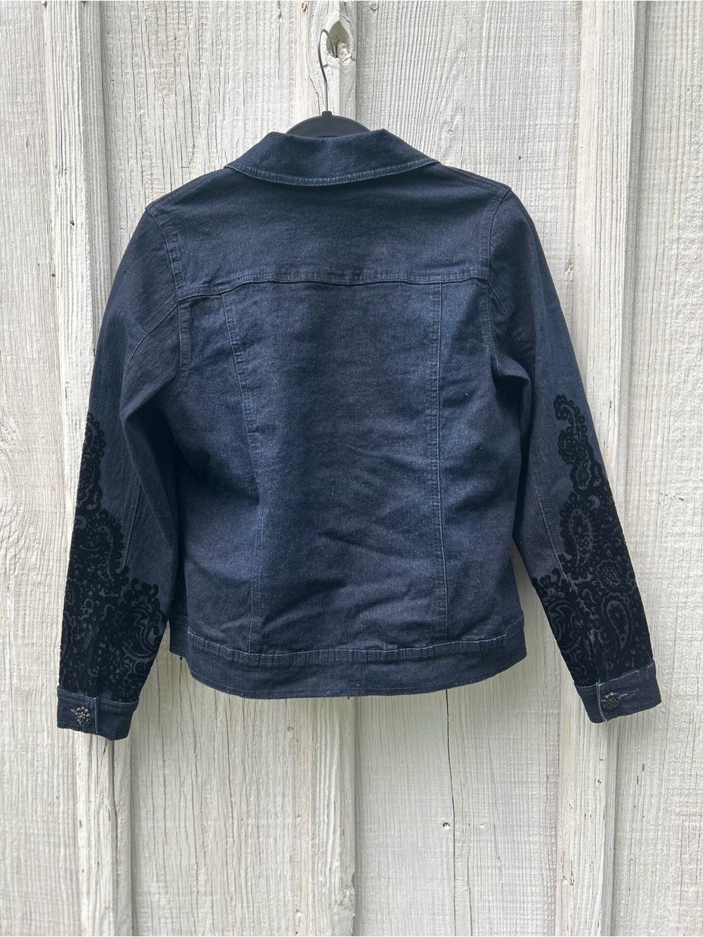 DG2 by Diane Gilman Dark Blue Denim Jacket with Black Velvet Burnout - Picture 2 of 9
